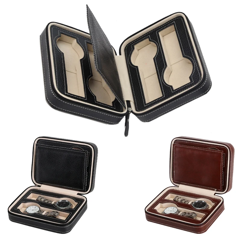 

4 Double Girds Portable Watch Storage Box Organizer PU Leather Case with Zipper Classic Style Multifunctional Watch Display Box