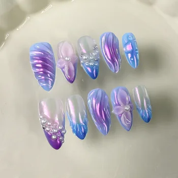 10pcs Summer Handmade Nails Sets Press on Flower Blue French Short Almond Fake Nails Art Aurora Design False Nail Tips Finished