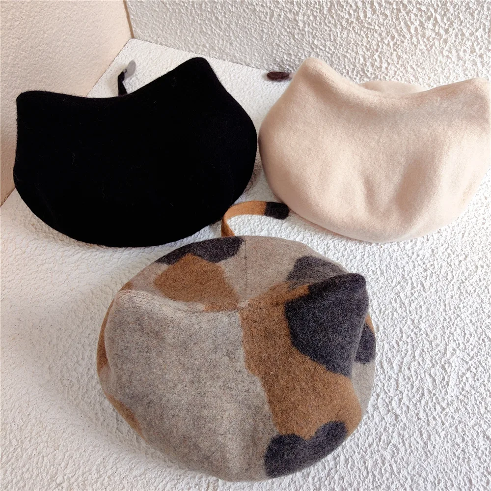 Hot Sale New Fashion Cute Girls Kawaii Cat Ear Sweet Lolita Headwear Purple Beanies Hat Handmade Wool Felt Women Beret Wholesale_voghion.com