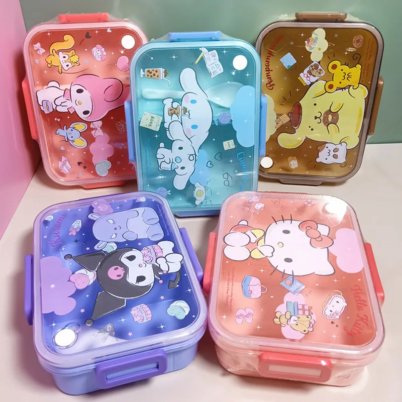 

Шкатулка для ланча в стиле аниме Kuromi Cinnamoroll Melody, шкатулка для обеда в стиле бенто с комплектом столовых приборов для студентов, аксессуары для путешествий