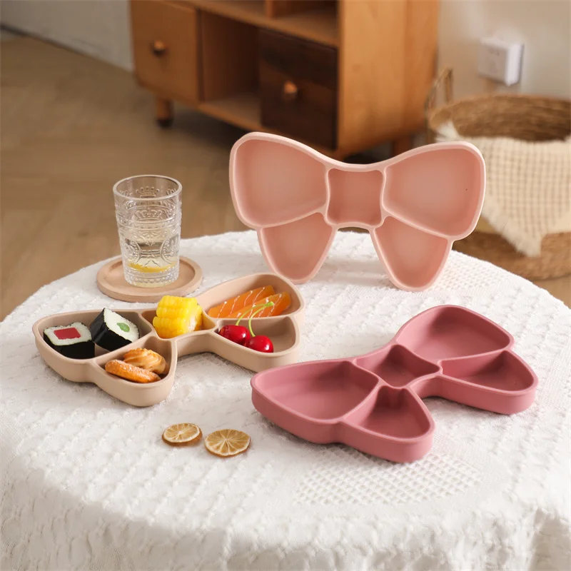 Baby Silicone Dining Plate Bowknot BPA Free Silicone Feeding Training Plate Bowl Kids Cartoon Little Bear Children Tableware 3