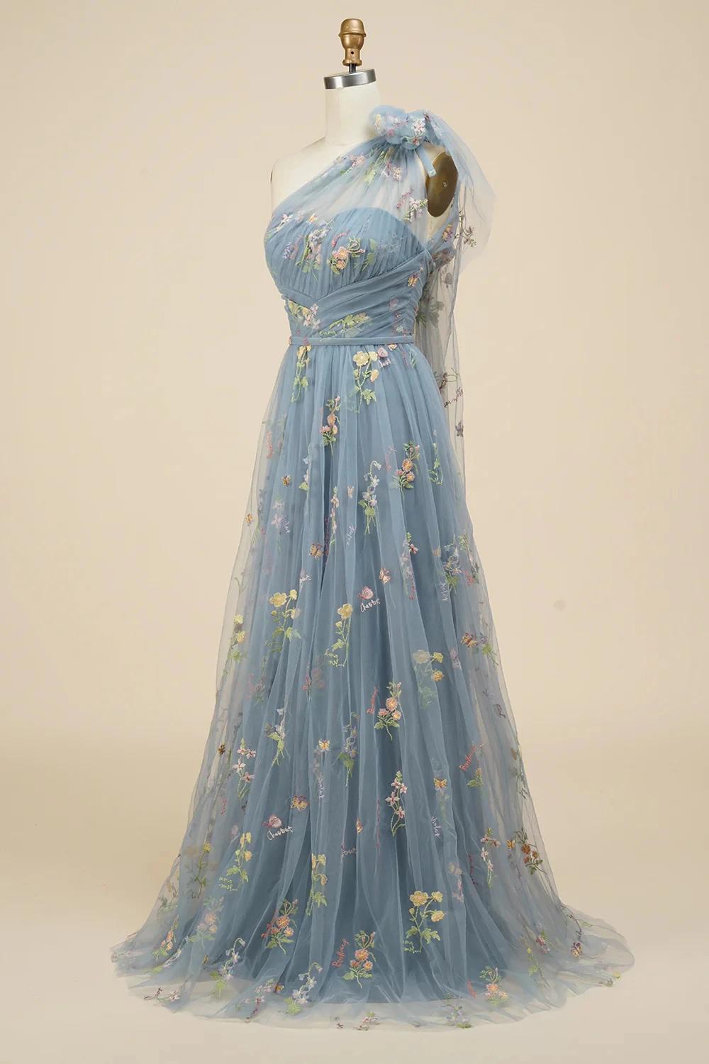 

A-Line Grey Blue Long Prom Dress With Embroidery