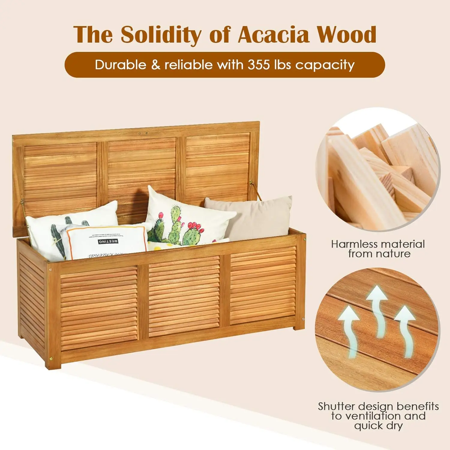47 Gallon Acacia Wood Deck Box, Garden Backyard Storage Bench, Outdoor Storage Container for Patio Furniture Cushions a 5