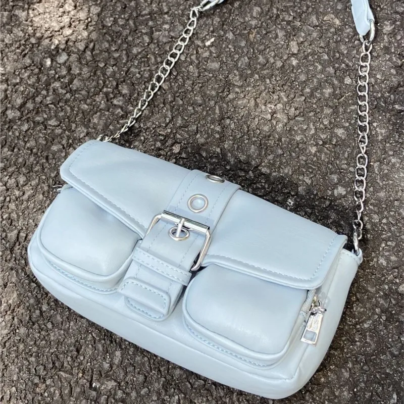 Hot Girl Sweet Blue Shoulder Bags Women Retro Chain Square Leather Large Capacity Handbag Ladies Lightweight Casual Underarm Bag