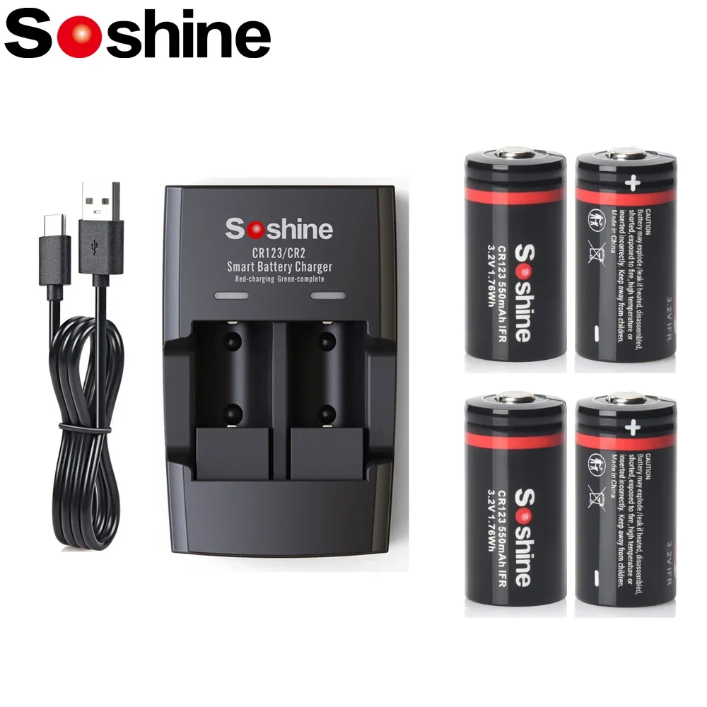 SOSHINE RCR123 LiFePO4 Battery 3.2V 550mAh, Rechargeable 16340 with Smart LiFePO4 Charger 2000 Cycle