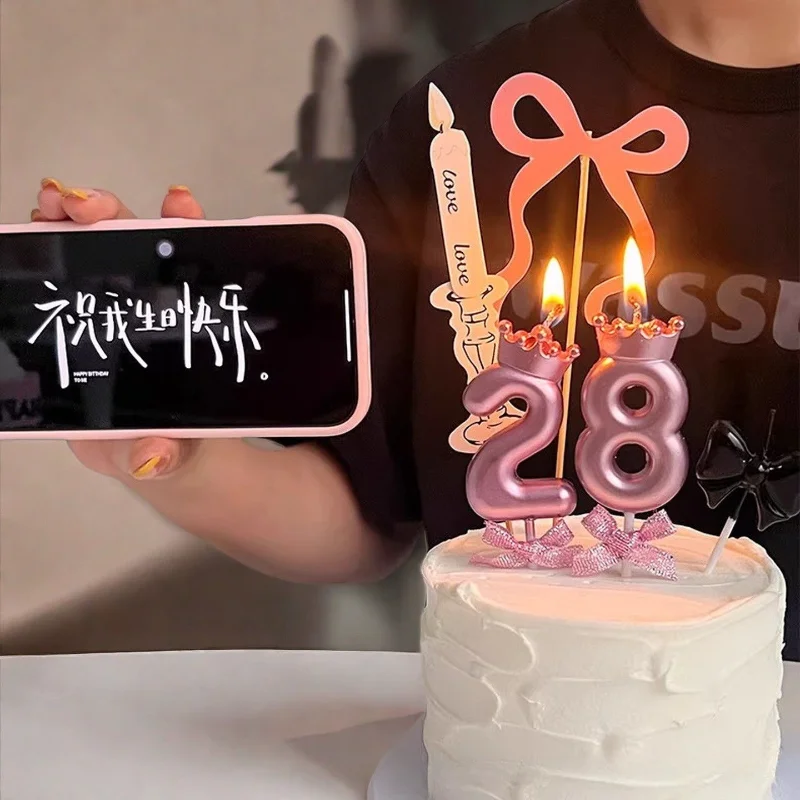 Pink Digital Candle with Crown Bowknot 0-9 Number Birthday Candles Dessert Party Anniversary Cake Decoration for Women and Girls