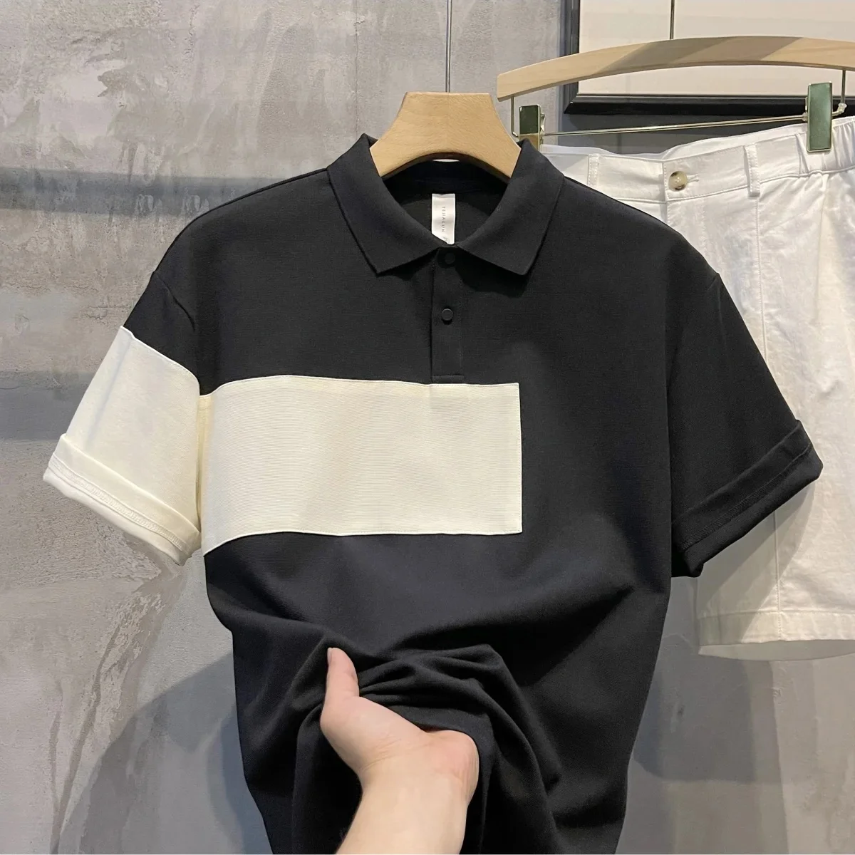 

New trendy splicing contrasting color lapel short-sleeved shirt summer loose and comfortable Italian mens T-shirt clothing y2k