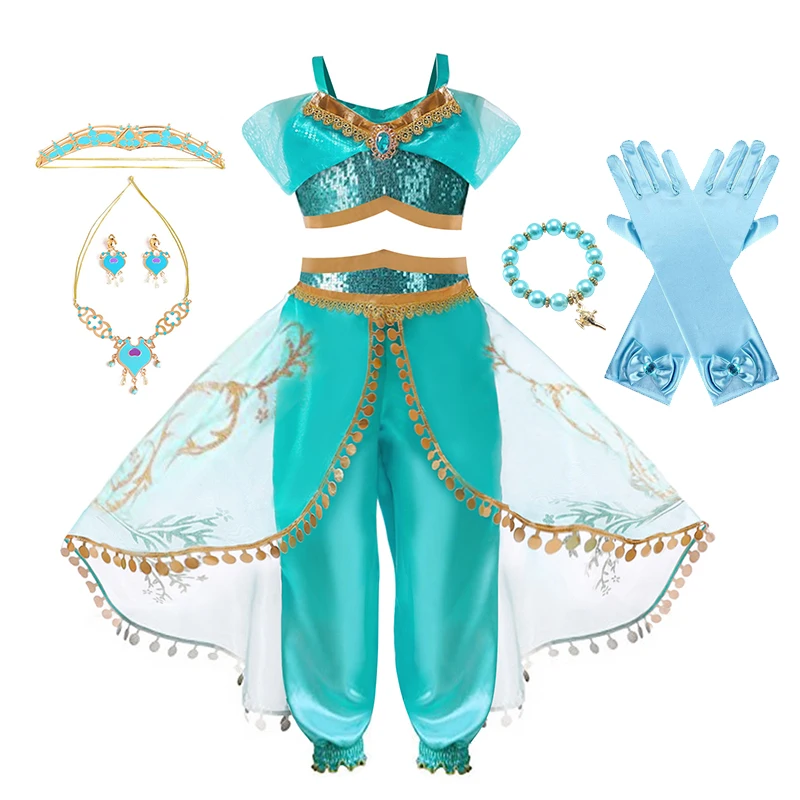 thumbnail image 1 of Disfraz de princesa Jasmine de Disney para niñas, disfraz de lámpara mágica de Aladino, fiesta de cumpleaños de Halloween para niños de 2 a 12 años, 1 of 5
