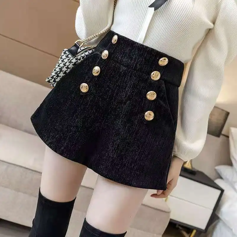 Autumn Winter New High Waist Button Shorts All-match Zipper Patchwork Black A-line Shorts Elegant Fashion Women Clothing