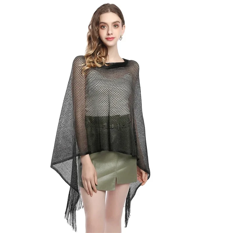 

Summer Hollowed Out Tassel Shawl NEW Pullover Rayon Shawl Women Cloak Shawl Wear Sunscreen Clothes Outside Golden