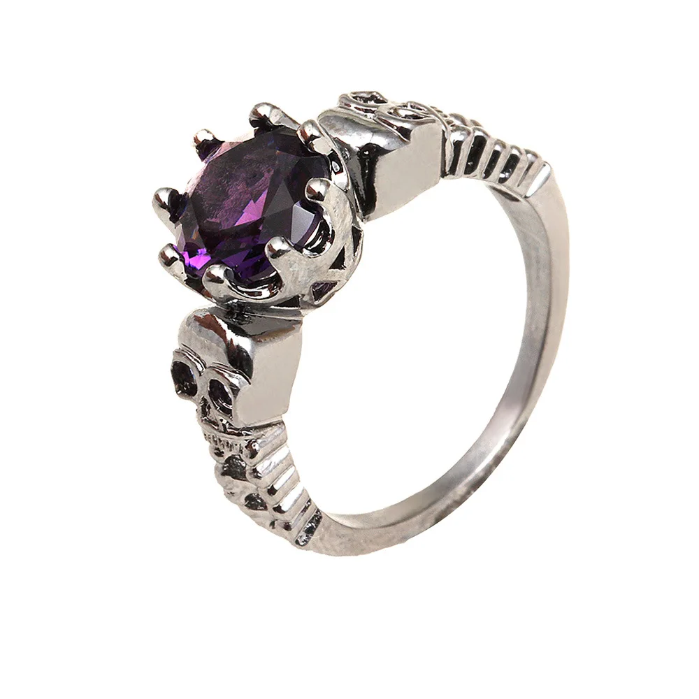 Personality sweet cool wind skull purple diamond ring hip hop tide Black Gho