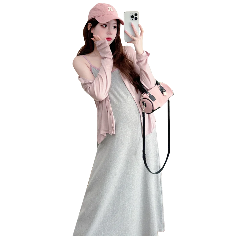 달콤한 임산부 여름 의상 2026 신상 드레스 세트 임산부 오픈 가디건 탑 스트랩 드레스 투피스 세트 편안한 임부복