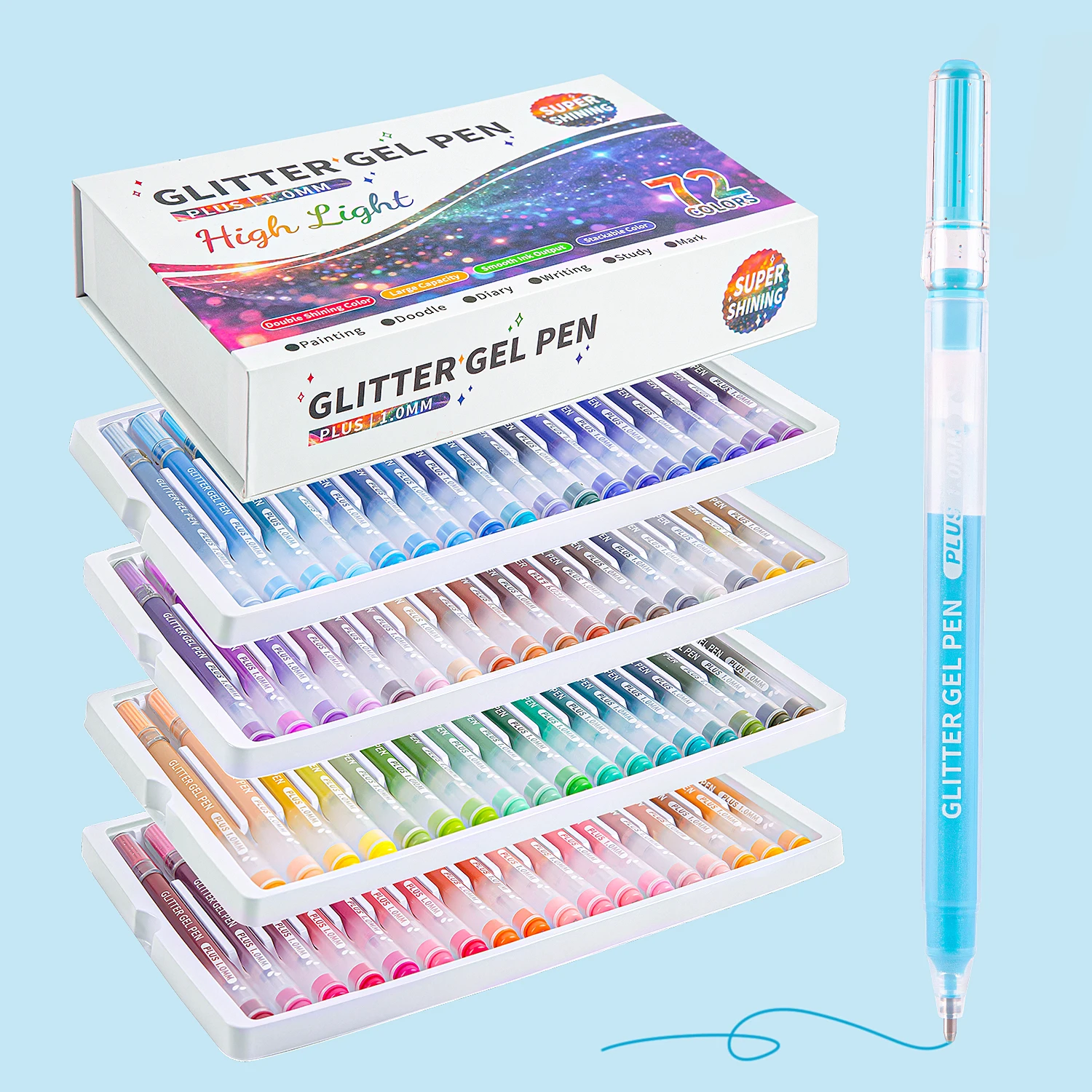 72색 글리터 젤 펜, 저널링 펜, 굵은 1.0mm 슈퍼 샤이니 고광택 효과, 대용량 잉크, 부드러운 필기감, 적합
