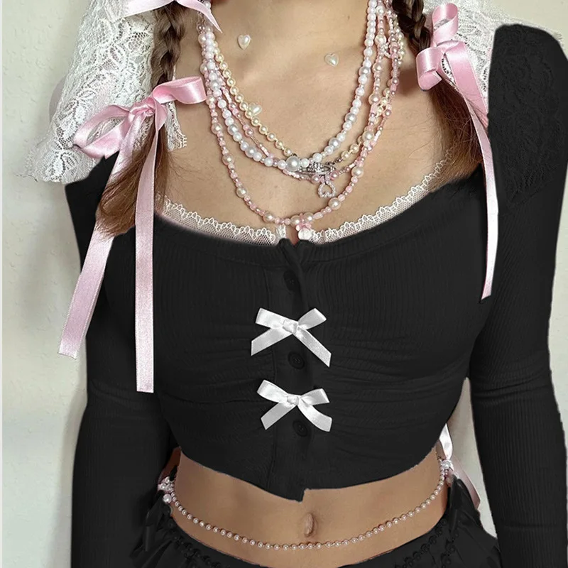 Girls Y2K Casual Solid Color Slim T Shirt Elegant Long Sleeve Deep...
