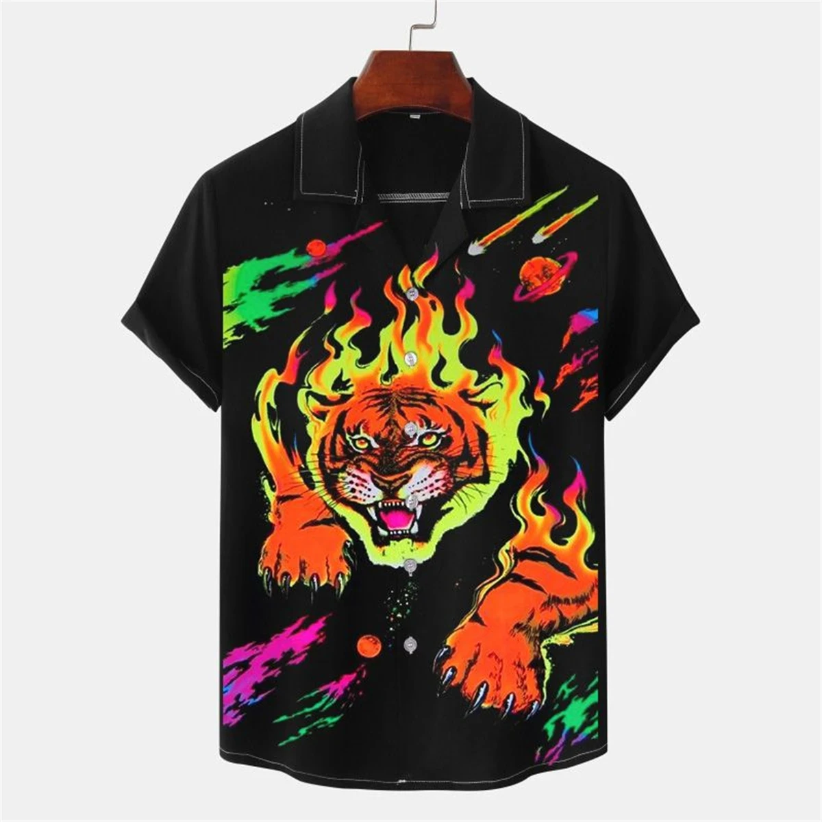 

New Flame Tiger Men's Shirt Short-Sleeved Hawaiian Shirts 3D Beach Lapel Men's Clothingtops Large Size Loose Casual Streetwear