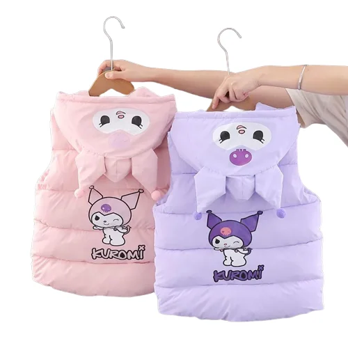 

Anime Sanrio Childrens Cotton Vest Kawaii Kuromi Girls Winter Casual Warm Jacket Messenger Bag Cute Cartoon Two-Piece Set Gift