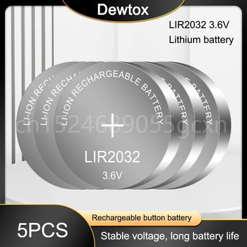 LIR 2032 리튬 충전식 배터리, 리모컨 시계 컴퓨터 마더보드 단추 셀 CR2032, 3.6V, 40mah, 5 개