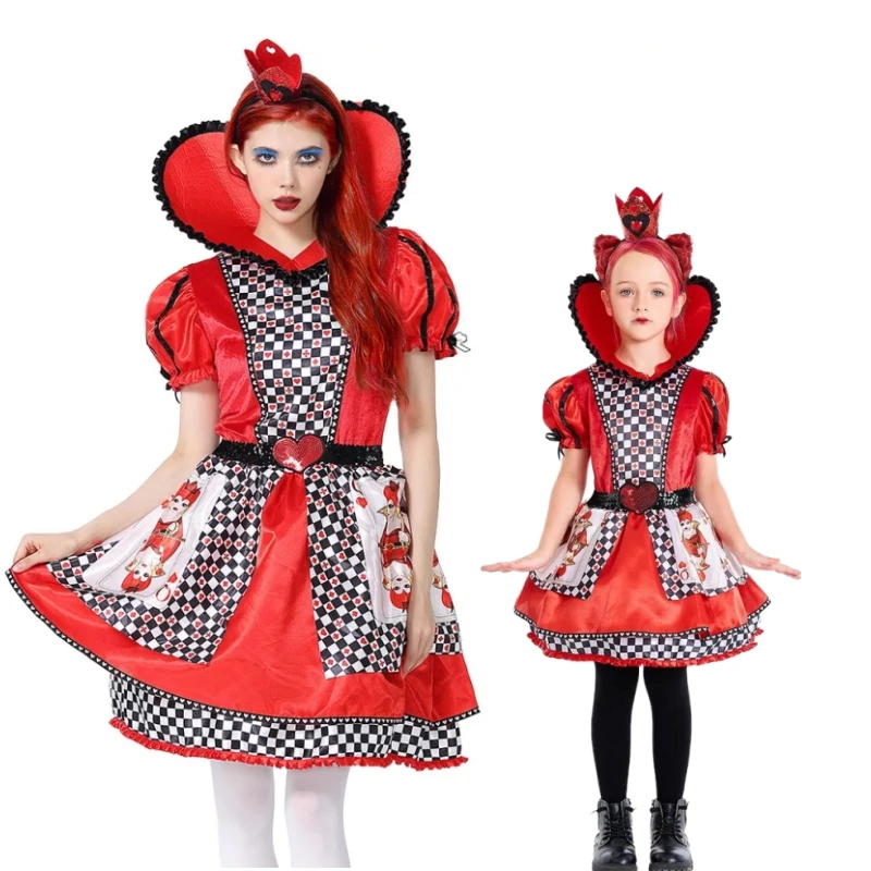 

Queen Of Hearts Costume Alice in Wonderland Poker Queen Cosplay Adults Kids Princess Dress Halloween Carnival Fancy Party Dress