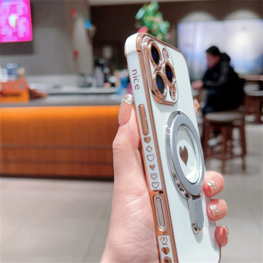 Magnetic Love Heart Stand Holder Phone Case with Plating