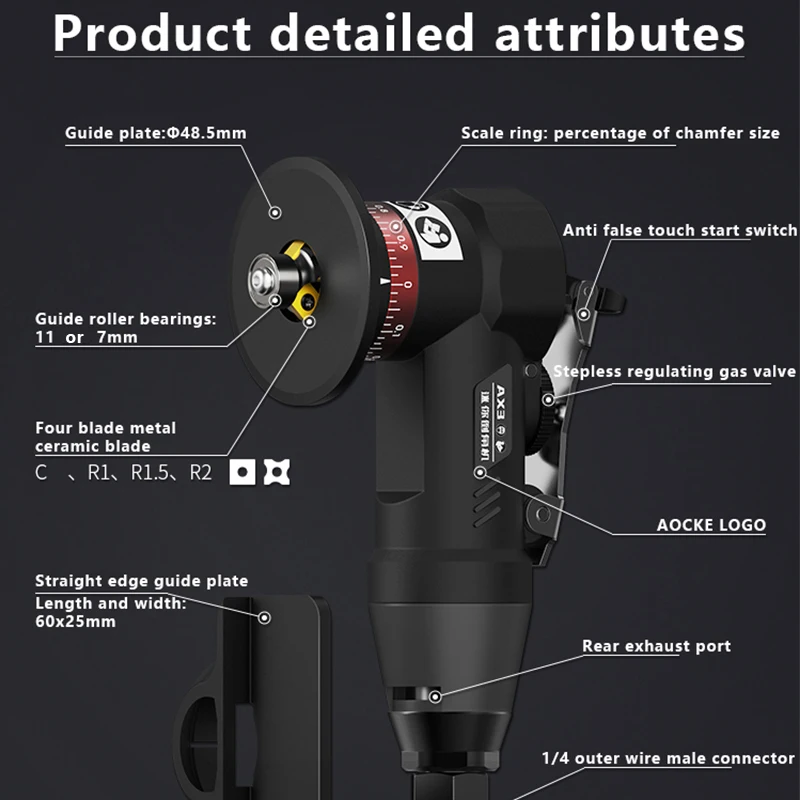 AOCKE AX3 Series Pneumatic Chamfering Gun Chamfering Tool Air Mini Grinder Deburring Beveling Trimming Machine Metal Repair
