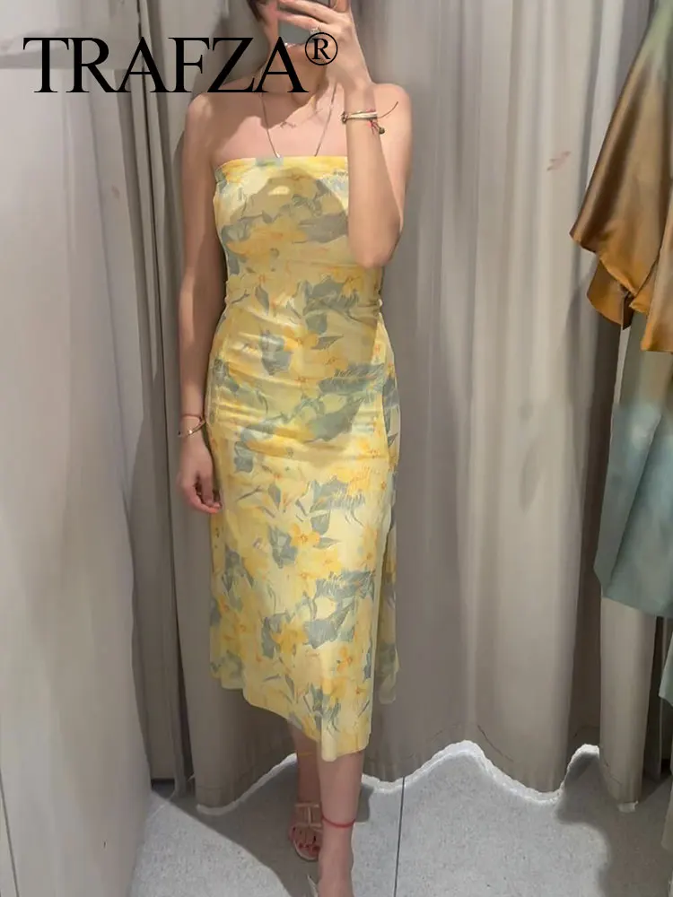 HH Women Fashion Strapless Dress Summer Floral Print Tulle Midi Dresses For Women Chic Ladies Sexy Slim Leopard Dress