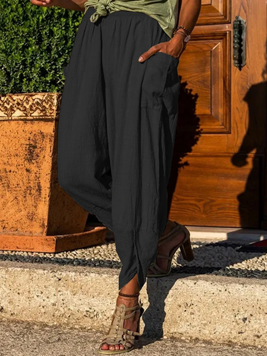 

Womens Pleated Flowy Pants Cotton Linen Drawstring Elastic Waist Harem Palazzo Trousers Yoga Trouser Streetwear