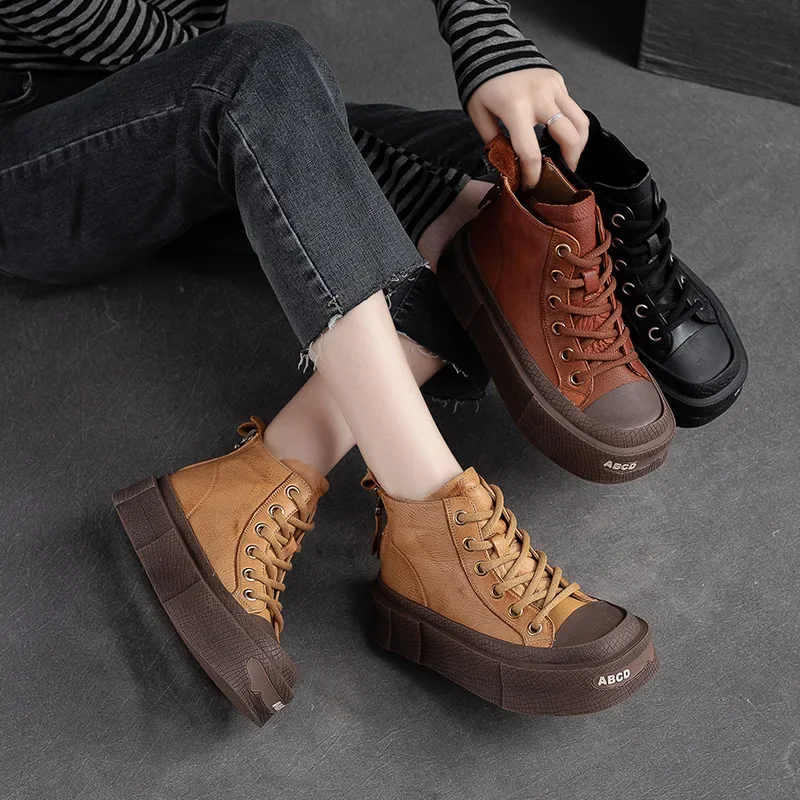 

Artmu Genuine Leather Thick Heel Boots For Women Flat Platform Ankle Boots Lace Up Zip Soft Soles Luxury Punk Boots For Ladies