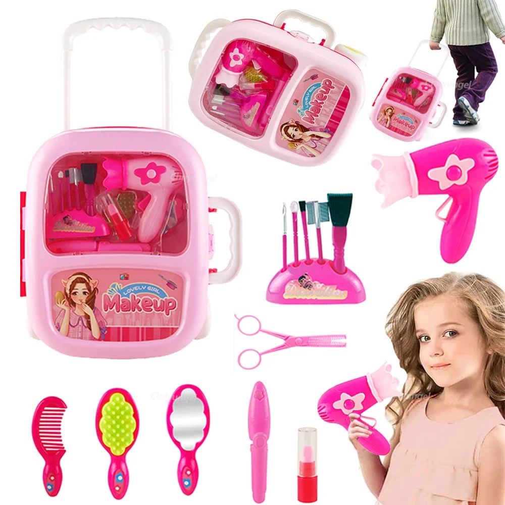 Kids Makeup Set for Girls Mini Pretend Play Set Simulation Hairdressing Hair Dryer Scissors Make Up Lipstick Toy Birthday Gifts