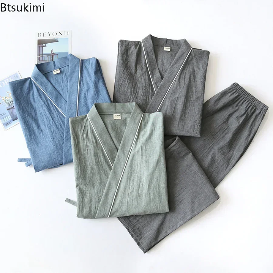 Men's Solid Japanese Kimono Pajamas Casual Sleepwear Male Lace-Up Top and Pants Sets Soft Two-piece Homewear Suit Male pajama sets