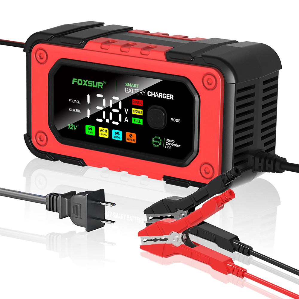  NEW FOXSUR Universal Repair Car Battery Charger 12V 7A Intelligent Repair Motorcycle Charger for lead Acid LiFePO4 Battery 