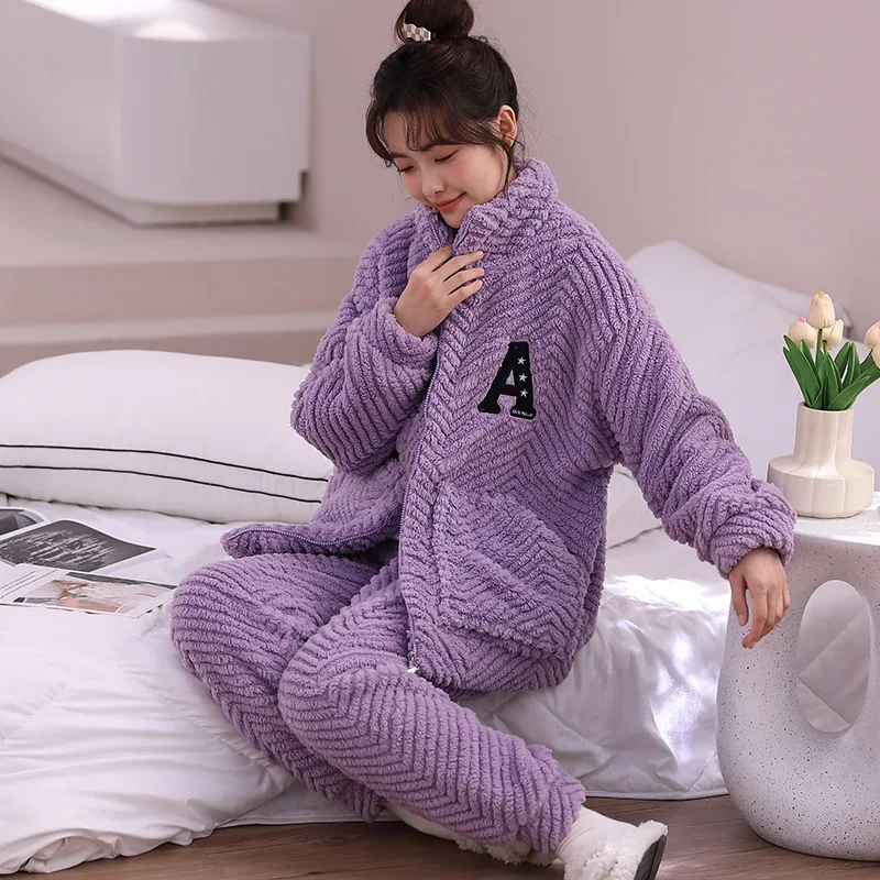 

Women Winter Warm Pajamas Set Sleepwear Long Sleeve Zipper Pyjama Nightwear Home Clothes Flannel Coral Fleece Pijamas Loungewear