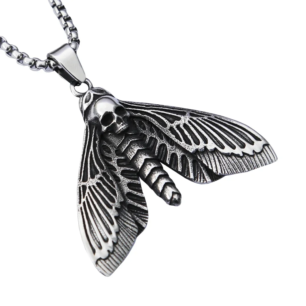 Vintage Gothic Style Death Moth Necklace Unisex Punk Stainless Steel Butterfly Skull Pendant Animal Jewelry Gift Dropshipping 6