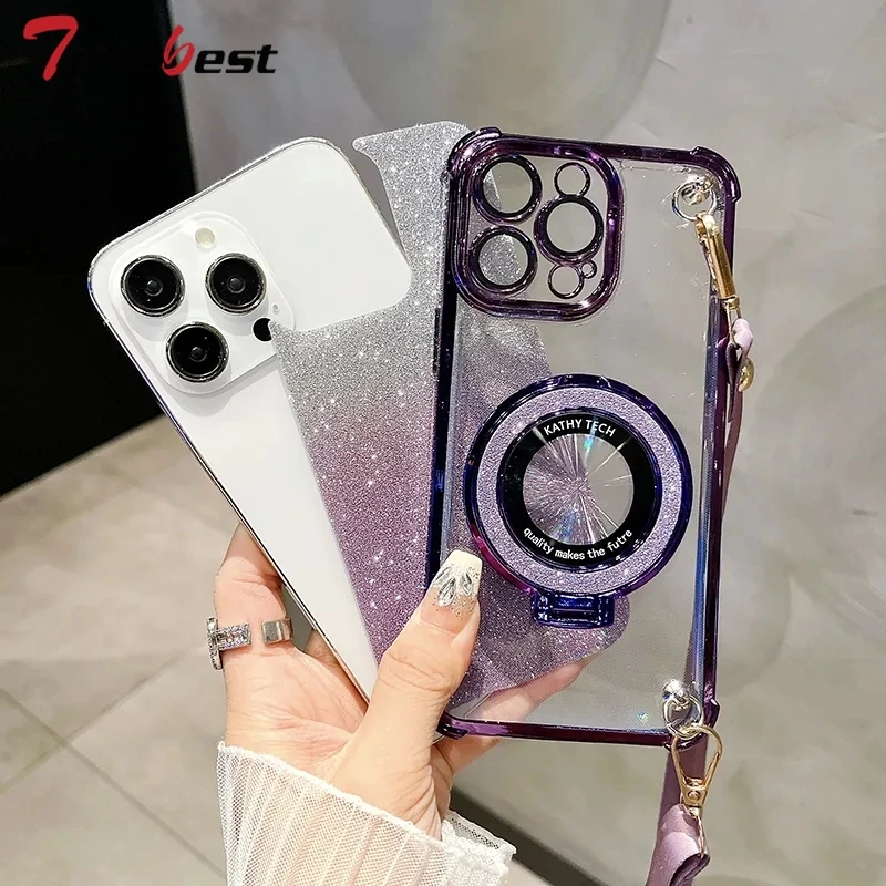 Crossbody Lanyard Glitter Plating Shockproof Phone Case with MagSafe Holder