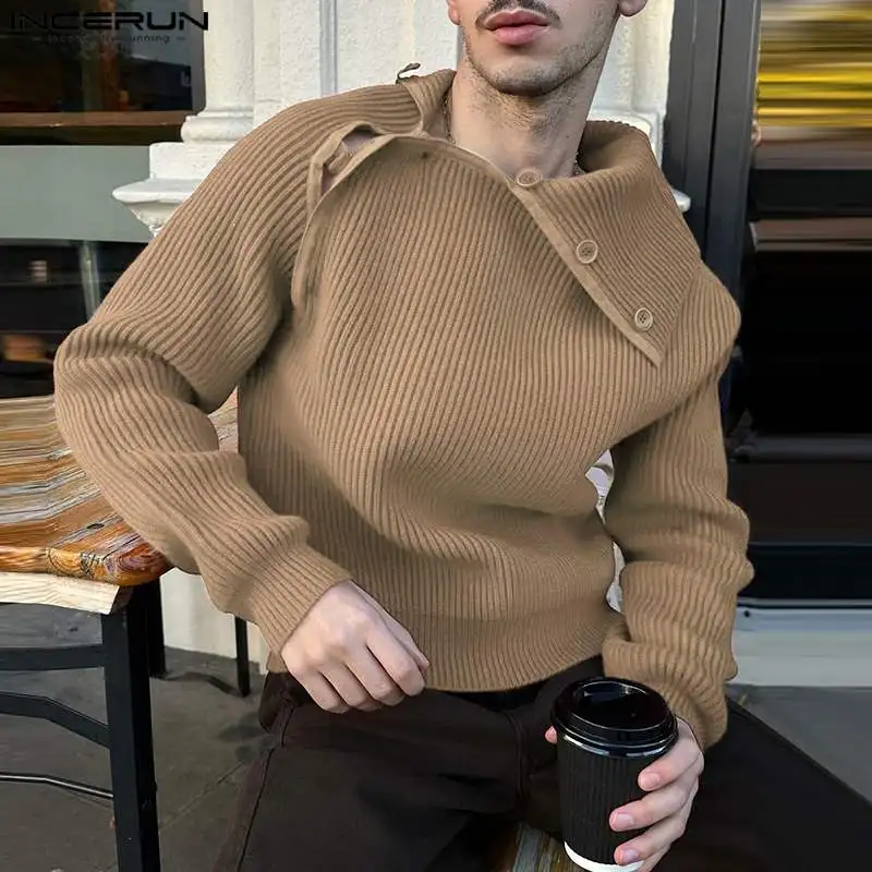 INCERUN Tops 2024 American Style New Men's Slanted Placket Button Design Sweater Fashion Casual Loose Collar Knit Sweater S-5XL