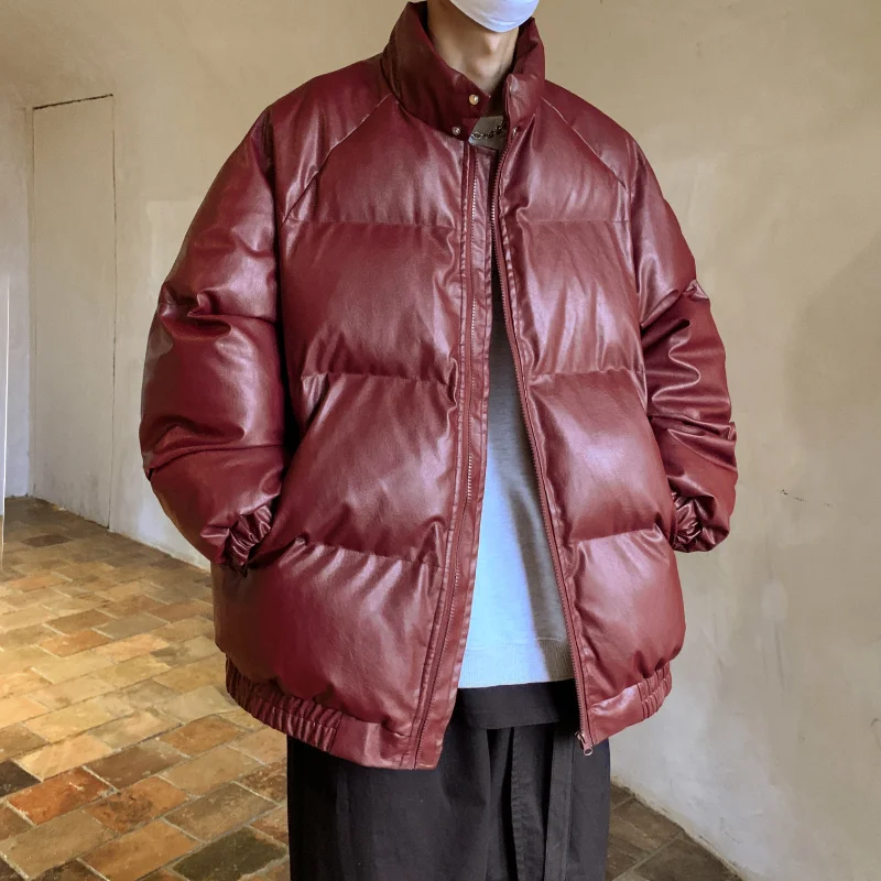 

Waterproot Pu Leather Cotton Clothes Men's Parkas Youth Leisure Coat Trend Solid Color Stand Collar Parkas Men Jackets Winter