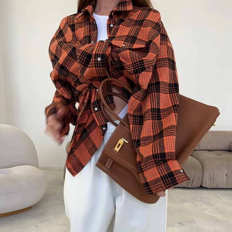 Casual Vintage For Women Shirts Outwear Lapel Fashion Loose Patchwork Streetwear Long Sleeve Striped Female Cardigan Coat