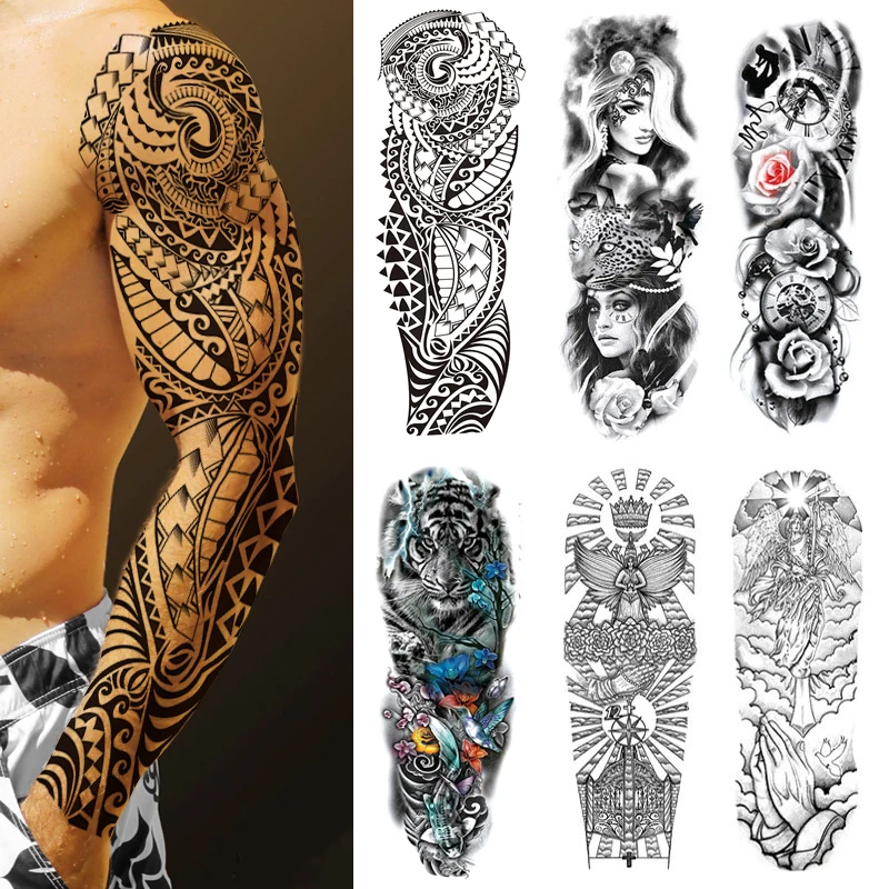 Large Arm Tattoo Sticker Full Sleeve Temporary Tattoos for Men Fish Wolf Tiger Tattoo Fake Tatoo for Women Waterproof Body Art