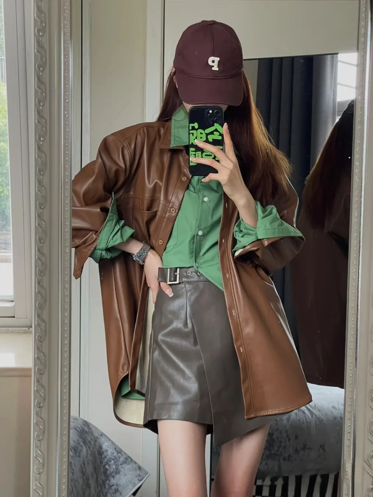 Korean Fashion PU Jacket Long Sleeves Long Cut Shinny Faux Leather Girls Winter Fall Coat Loose