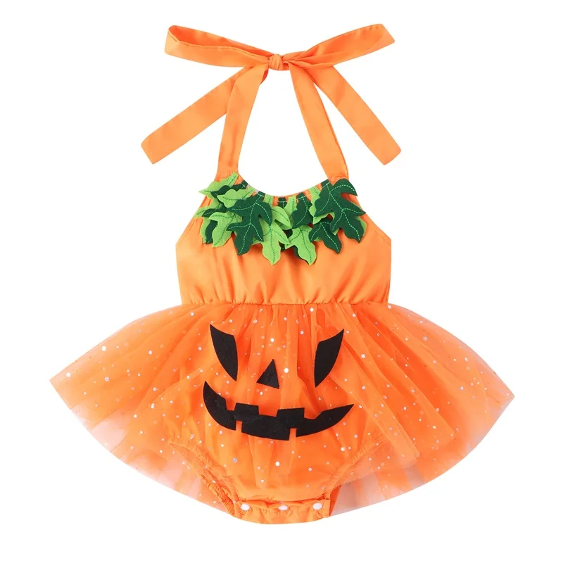 

Newborn Baby Girls Halloween Romper Dress Pumpkin Pattern Sleeveless Halter Sequin Tulle Skirt Hem Jumpsuit