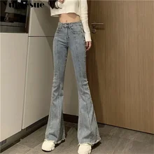 Women Jeans Slim Fit Denim Pants Bell Bottom Straight High Waist  Jeans Stretch Female Flare Trouser Maxi Fashion raw edge jeans