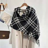 Autumn Winter Plaid Long Beard Imitation Cashmere Scarf Women's High Fashion Casual Warm Neck Warmer Elegant Business Style
