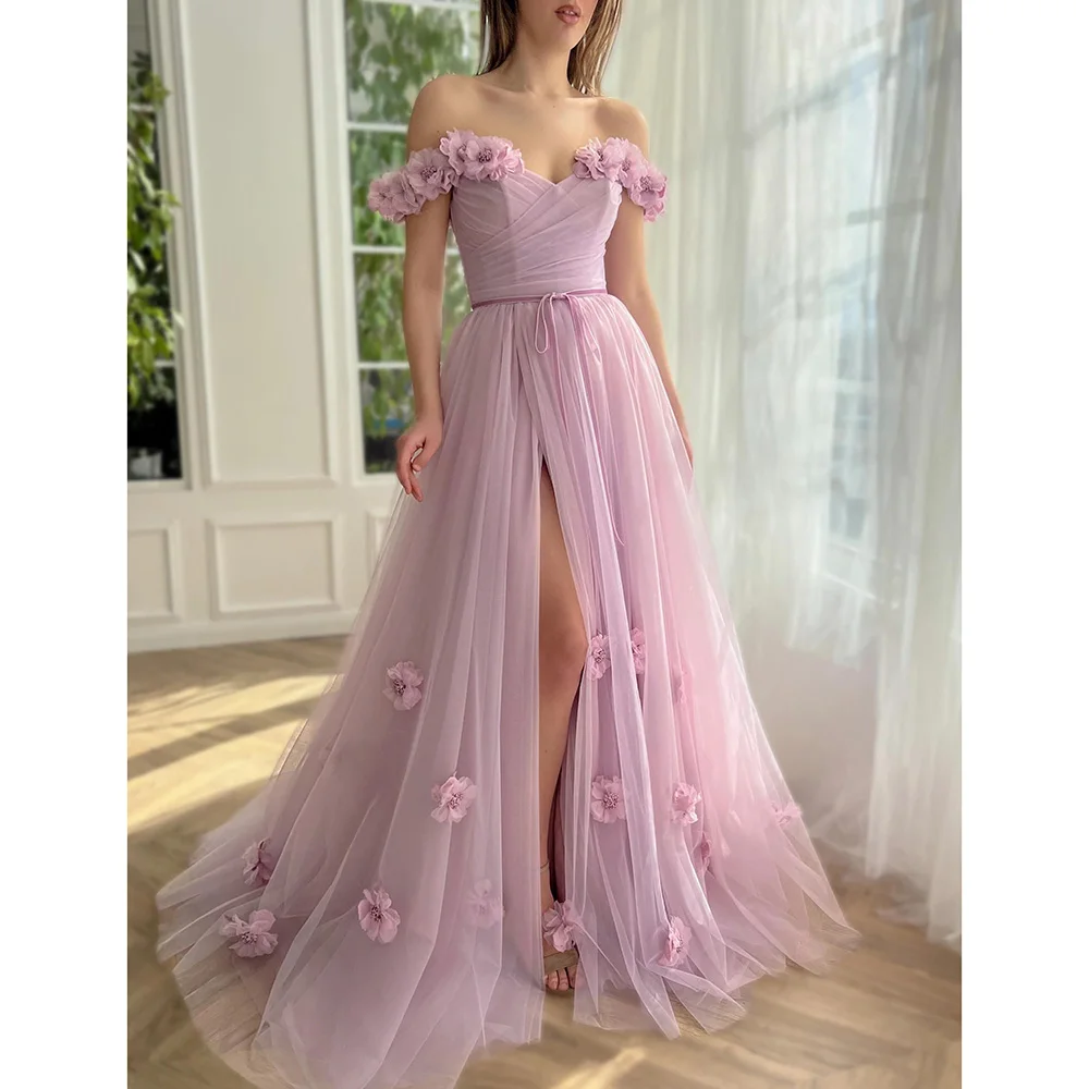 

LAIDITYA Exquisite Party Dress 3D Flowers Fashion Off the Shoulder Floor Length A-Line Prom Gown Elegant Side Slit Evening Dress