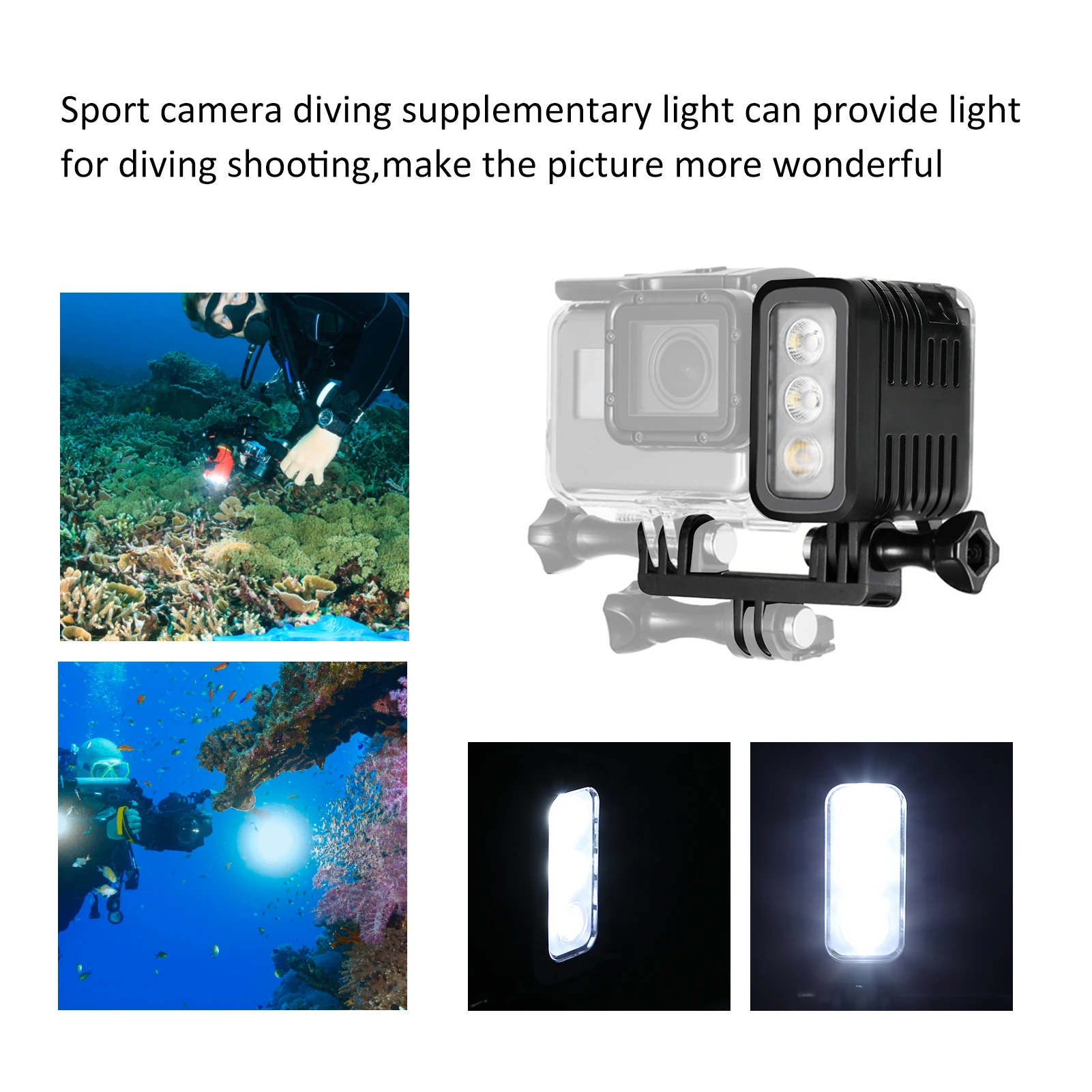 Lampe LED de Plongée 45m Etanche pour GoPro Hero 4/5/6 allumée dans l'eau, montrant le faisceau lumineux