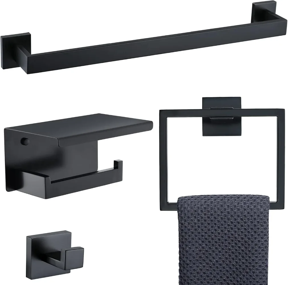 Bathroom Towel Bar Holder Sets Matte Black 4-Piece Bathroom Hardware Set Stainless Steel Bath Accessories Kit. Wall Mounted