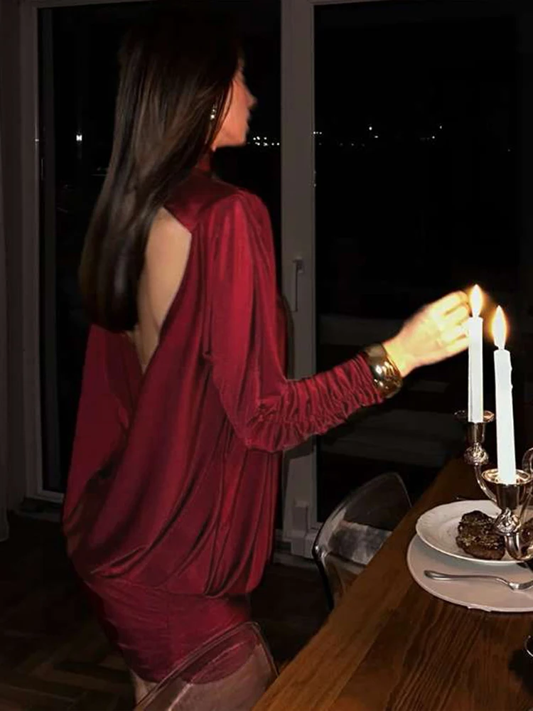 Nibber Backless Dress Women Full Sleeve Turtleneck Folds Solid Skinny Birthday Party Autumn Trend Elegant Chic Mini Bodycon