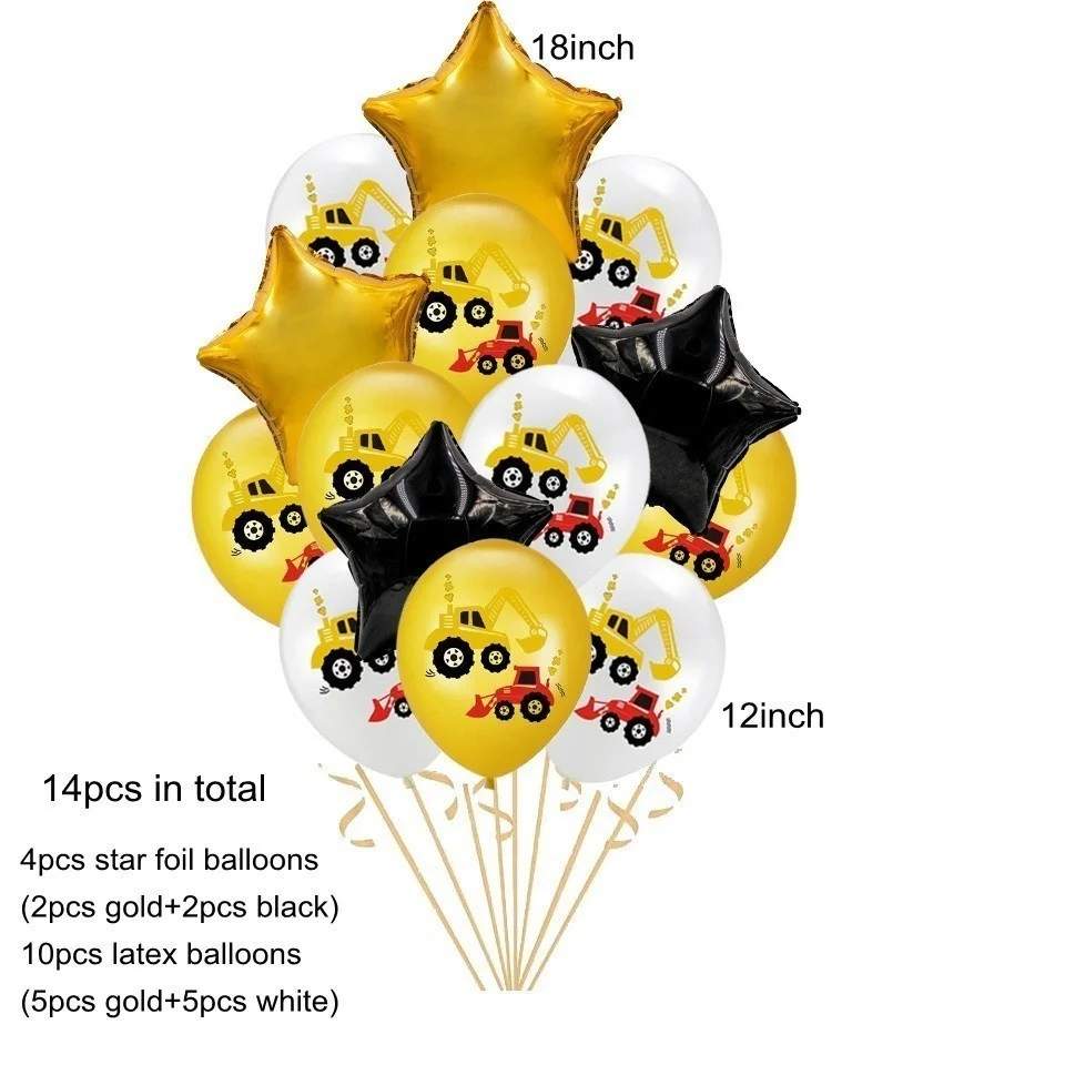 1set Construction Bulldozer Series Disposable Tableware Paper Cups Plates Truck Balloons For Boy's Birthday DIY Party Decoration
