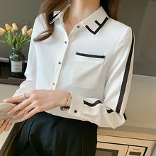 

Design Sense Buttons Up Shirt Women's Spring Summer New White Chiffon Office Ladies Shirt Loose Long-sleeved Pockets Top 2022