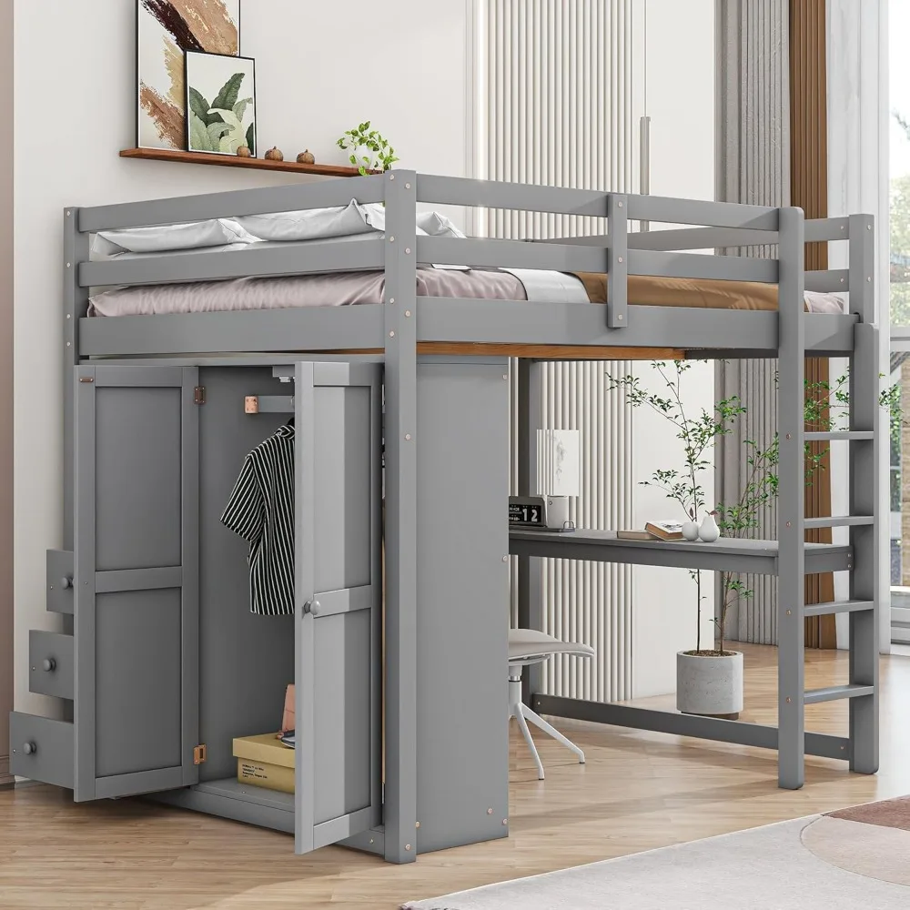 Full Size Loft Bed with Built-in Wardrobe, Desk, Storage Shelves and Drawers, Solid Wood Loft Bed Frame, Wardrobe 2