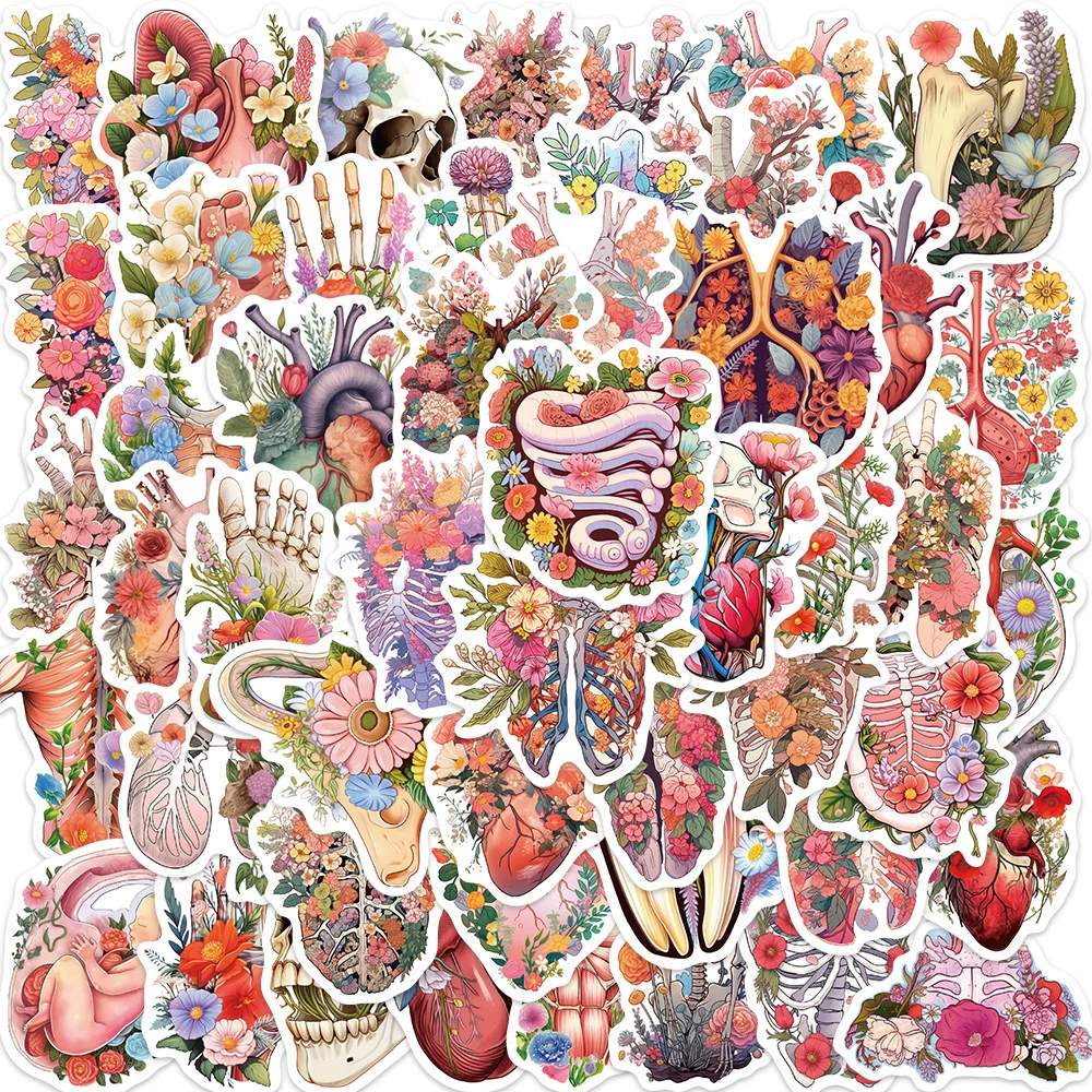 10/30/50PCS Body Organs Flower Art Cartoon Stickers Aesthetic Cool Graffiti Laptop Luggage Skateboard Decals Fun for Kids Gifts