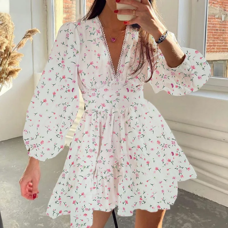 ตัวเลือกสินค้า 2025 ใหม่ผู้หญิงชุดมินิฤดูร้อนแขนยาวพิมพ์ดอกไม้ Boho เซ็กซี่ V คอสูงเอว A-Line Dress Vestidos เสื้อผ้า